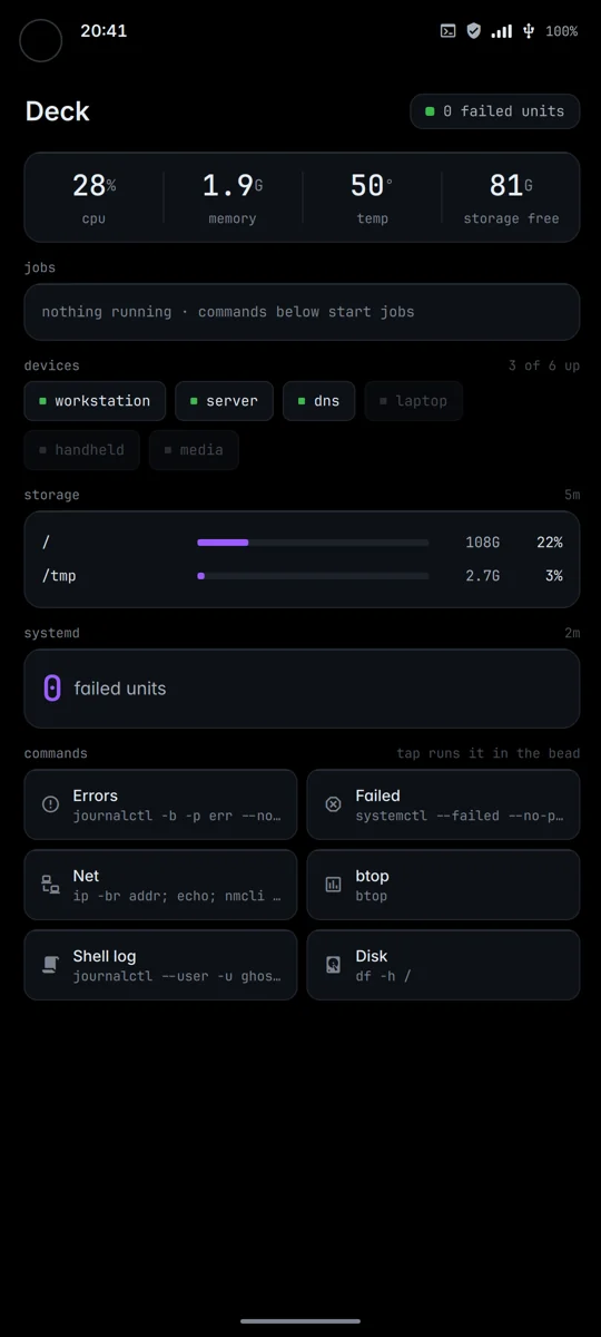 ghost Deck on the phone: vitals, jobs, reachable hosts, storage and the commands you run